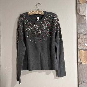 Halogen Dark Heather Grey Multicolor Sequin Embellished Crewneck Sweater